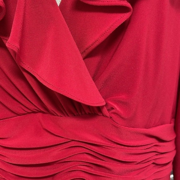 Evan-Picone Dress Women's 14 Red Long Sleeve A-Line Midi V-Neck Ruffles - Picture 9 of 16